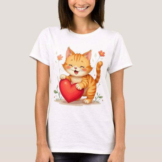 Yellow Cat Holding Red Heart Women T-Shirt (Vorderseite)