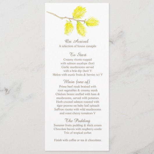 Yellow catkins Wasserfarbe Hochzeitsmenü Menükarte (Rückseite)