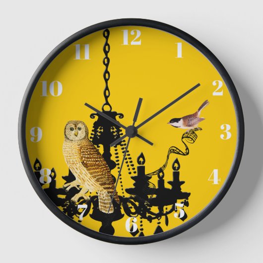 Yellow Chandelier Chickadee Owl Clock Personalisie Wanduhr (Vorderseite)