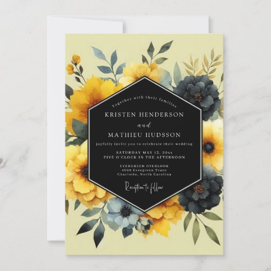 Yellow Charcoal Artistic Bloom Wedding Einladung (Vorderseite)