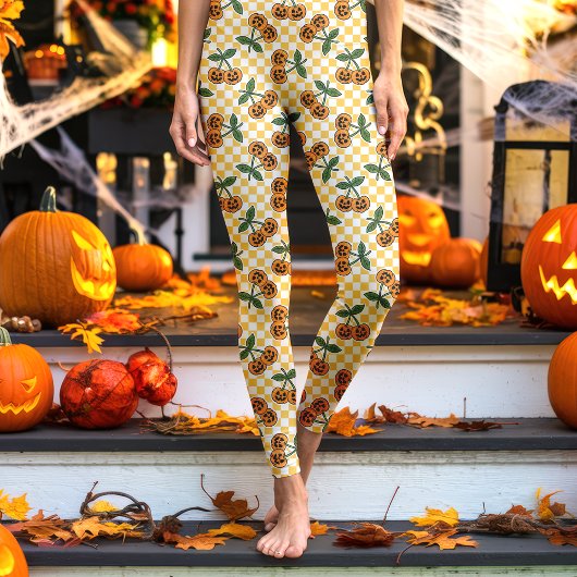 Yellow Checkerboard Cherry Pumpkins Muster Leggings