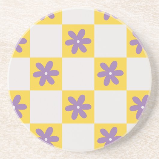 Yellow Checkerboard Floral Pattern – Purple Daisy  Getränkeuntersetzer (Vorne)