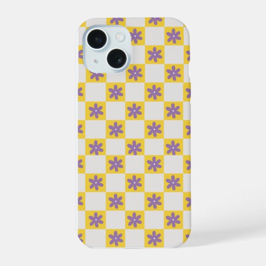 Yellow Checkerboard Floral Pattern – Purple Daisy iPhone 15 Hülle (Rückseite)