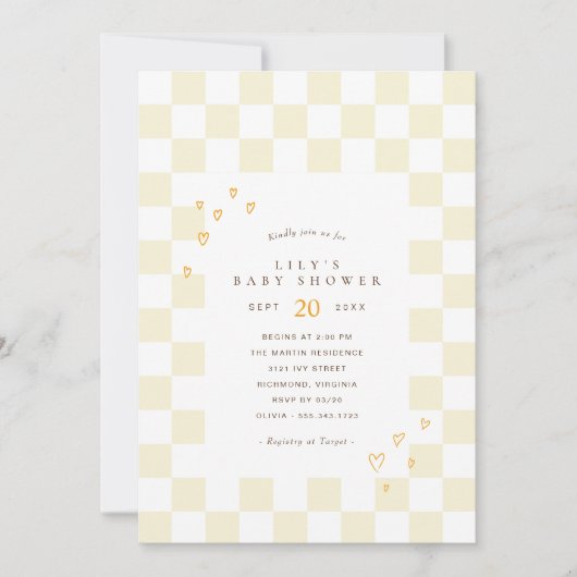 Yellow Checkerboard | Neutrale Retro-Babydusche Einladung (Vorderseite)