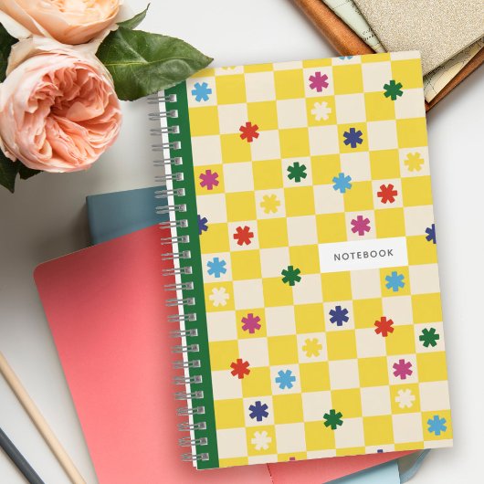 Yellow Checkerboard Pattern Stars Flowers Notebook Notizblock