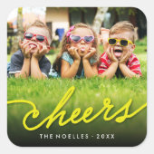 Yellow Cheers Calligraphy Script Foto Holiday Quadratischer Aufkleber (Vorderseite)