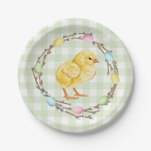 Yellow Chick And Pastel Willow Wreath Easter Pappteller (Vorderseite)