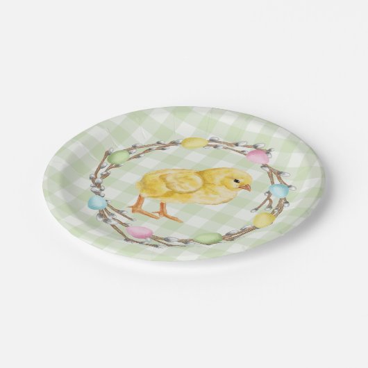 Yellow Chick And Pastel Willow Wreath Easter Pappteller (Schrägansicht)