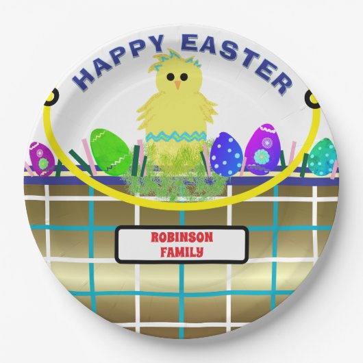 Yellow Chick Egg Blue Gold Osterkorb Pappteller (Vorderseite)