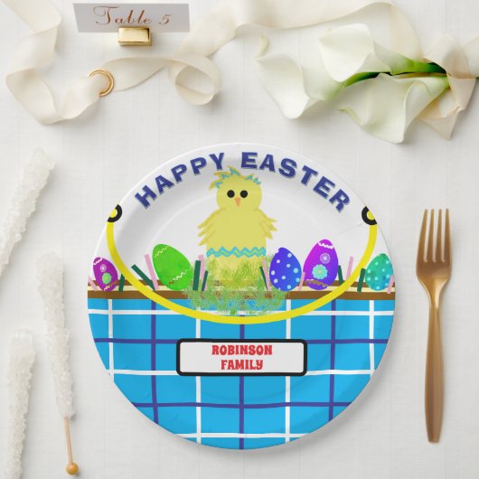 Yellow Chick Egg Blue White Oaster Basket Pappteller (Hochzeit)