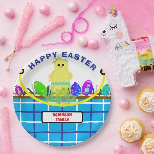 Yellow Chick Egg Blue White Oaster Basket Pappteller (Party)