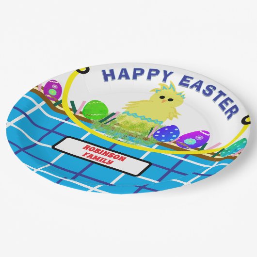 Yellow Chick Egg Blue White Oaster Basket Pappteller (Schrägansicht)