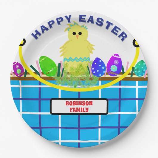 Yellow Chick Egg Blue White Oaster Basket Pappteller (Vorderseite)