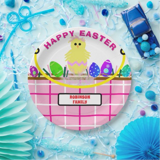 Yellow Chick Ei Pink White Oaster Basket Pappteller (Party)
