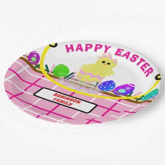 Yellow Chick Ei Pink White Oaster Basket Pappteller (Schrägansicht)