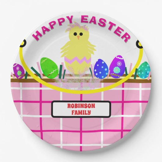 Yellow Chick Ei Pink White Oaster Basket Pappteller (Vorderseite)