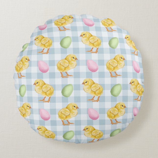 Yellow Chicks And Eggs On Blue Gingham Pattern Rundes Kissen (Vorderseite)
