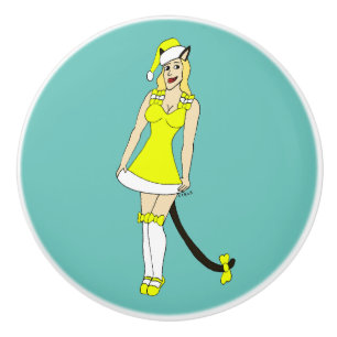 Yellow Christmas catgirl Keramikknauf