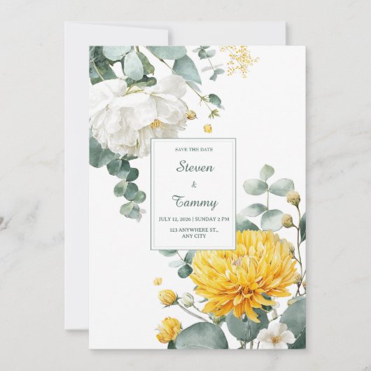 Yellow Chrysanthemum White Peony Eucalyptus Einladung (Vorderseite)
