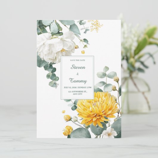 Yellow Chrysanthemum White Peony Eucalyptus Einladung (Stehend Vorderseite)