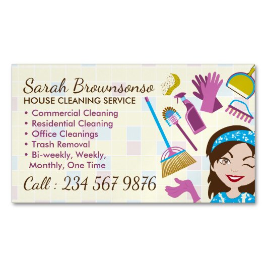 Yellow Cleaning Service Janitorial Lady Tile Wash Magnetische Visitenkarte (Vorderseite)