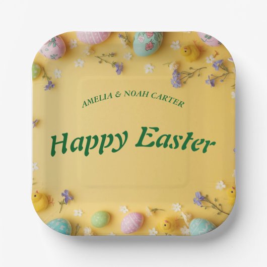 Yellow colorful  Easter BRUNCH & HUNT Pappteller (Vorderseite)