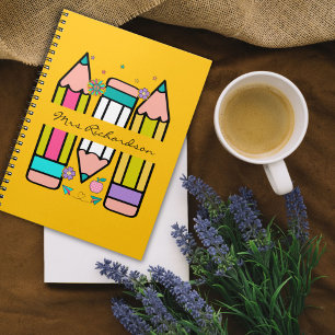 Yellow Colorful Lehrer Name Bleistift Cartoon Notizblock