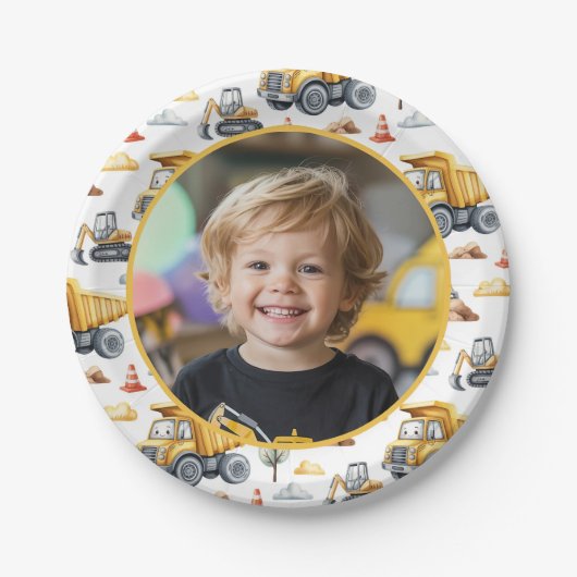 Yellow Construction Trucks Birthday Photo Kids  Pappteller (Vorderseite)
