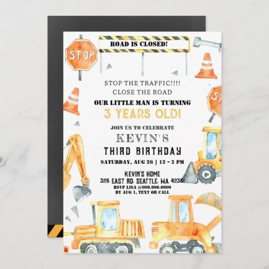 Yellow Construction Trucks Boy Birthday Party Einladung (Vorne/Hinten)