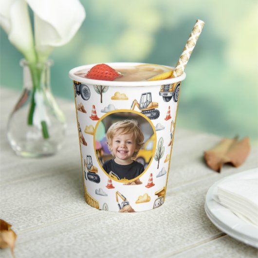 Yellow Construction Trucks Boy Birthday Photo Pappbecher (In Situ)