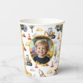 Yellow Construction Trucks Boy Birthday Photo Pappbecher (Rückseite)