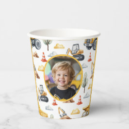 Yellow Construction Trucks Boy Birthday Photo Pappbecher