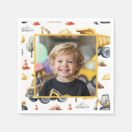 Yellow Construction Trucks Boy Birthday Photo Serviette