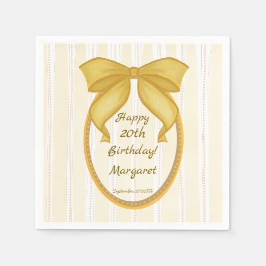 Yellow coquette retro stripes bow birthday party serviette (Vorderseite)