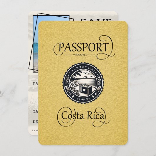 Yellow Costa Rica Passport Save The Date (Vorne/Hinten)