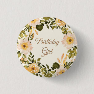 Yellow Cream Floral Birthday Girl Button