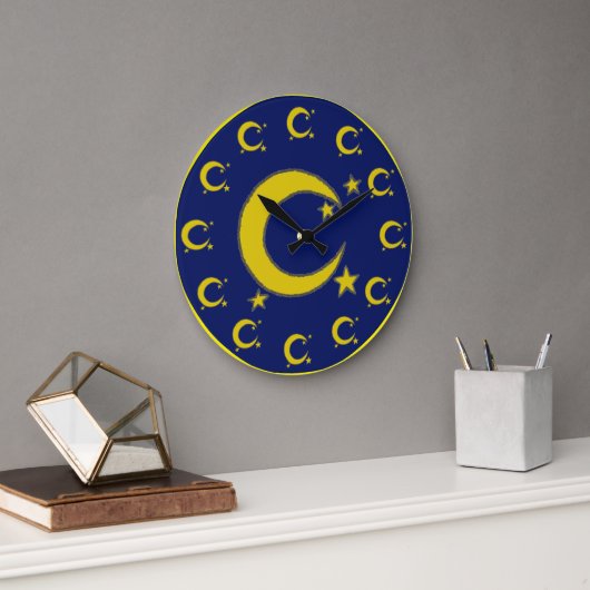 Yellow Crescent Moon Blue Night Sky Star Astronomi Große Wanduhr (Büro)