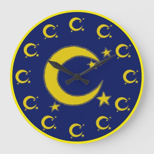 Yellow Crescent Moon Blue Night Sky Star Astronomi Große Wanduhr (Vorderseite)