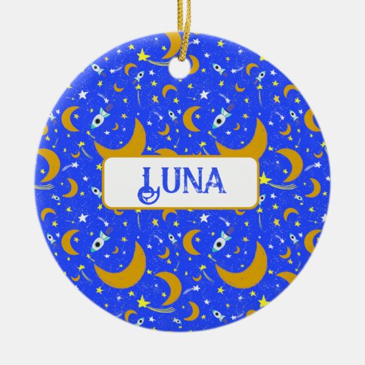 Yellow Crescent Moons schießen Star Space Rockets Keramik Ornament (Vorne)