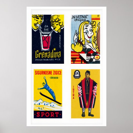 Yellow Croatian Matchbox Labels Grid Print Poster (Vorne)