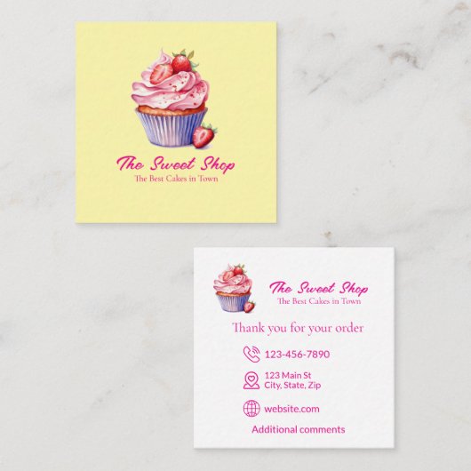 Yellow Cupcake Bakery Card | Editable Logo Quadratische Visitenkarte (Vorne/Hinten)