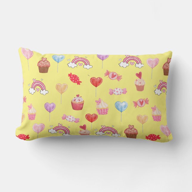 Yellow Cupcakes & Candy Print Lumbar Kissen (Vorderseite)
