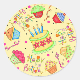 Yellow Cupcakes und Cake Happy Birthday Runder Aufkleber