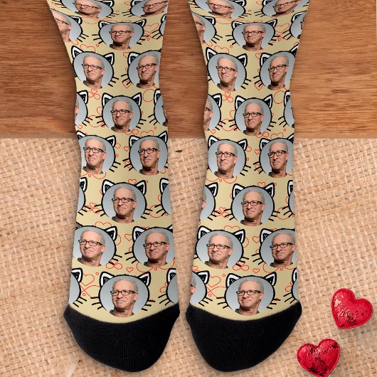 Yellow Custom Boyfriend Girlfriend Foto Cat Face Socken