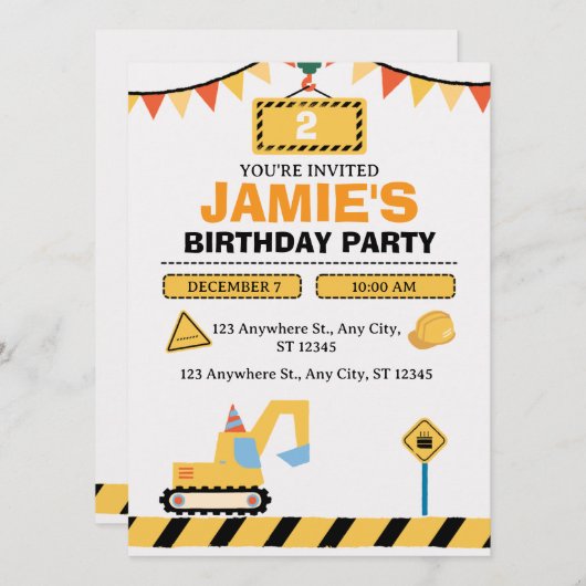 Yellow Cute Construction Truck Boys 2nd Birthday Save The Date (Vorne/Hinten)