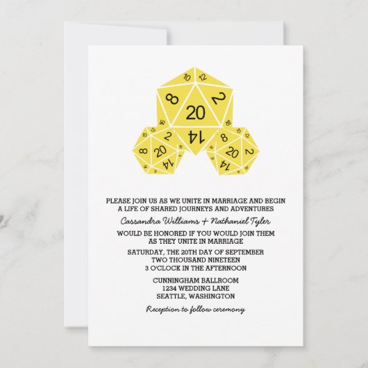 Yellow D20 Dice Wedding Einladung (Vorderseite)