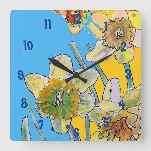 Yellow Daffodil Watercolour Womans Office Clock Quadratische Wanduhr (Vorderseite)
