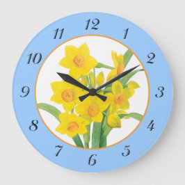 Yellow Daffodils on Blue Floral Wallclock Große Wanduhr