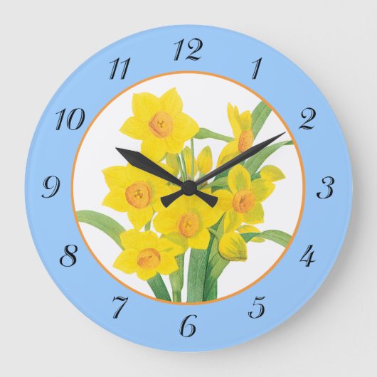 Yellow Daffodils on Blue Floral Wallclock Große Wanduhr (Vorderseite)