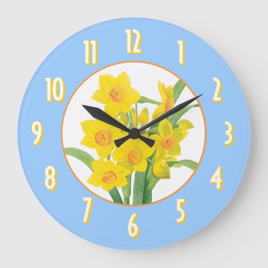 Yellow Daffodils on Blue Floral Wallclock Große Wanduhr (Vorderseite)